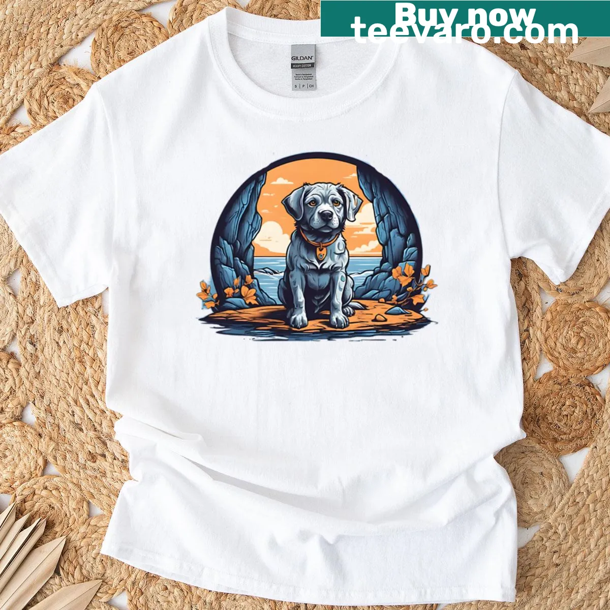 Illustration of a dog in a blue cave — on a men's t-shirt