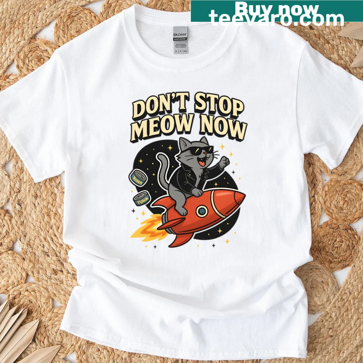 T-shirt showing a space cat with 'Dont Stop Meow Now' text — on a men's t-shirt