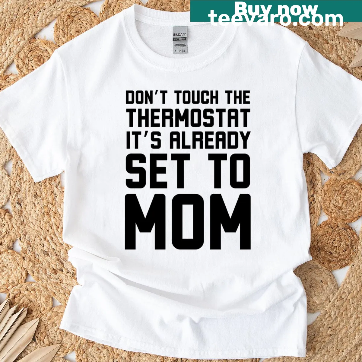Funny T-shirt with text about thermostat settings, aimed at moms — on a men's t-shirt