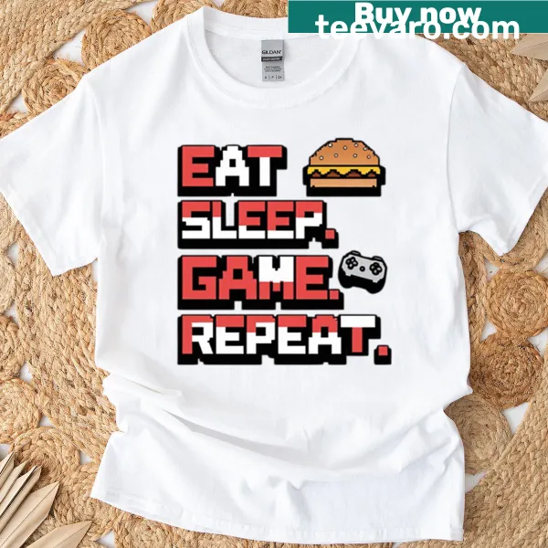 Gamer routine Eat Sleep Game Repeat graphic T-shirt.