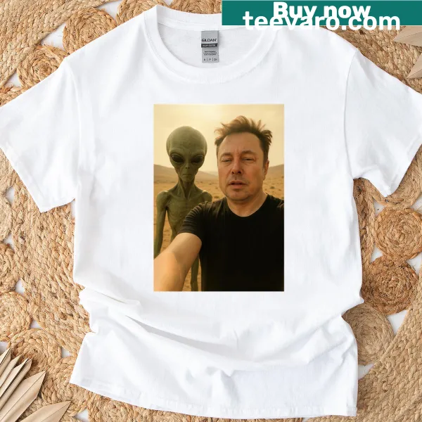 Playful cartoon of Elon Musk with aliens on oversized T-shirt.