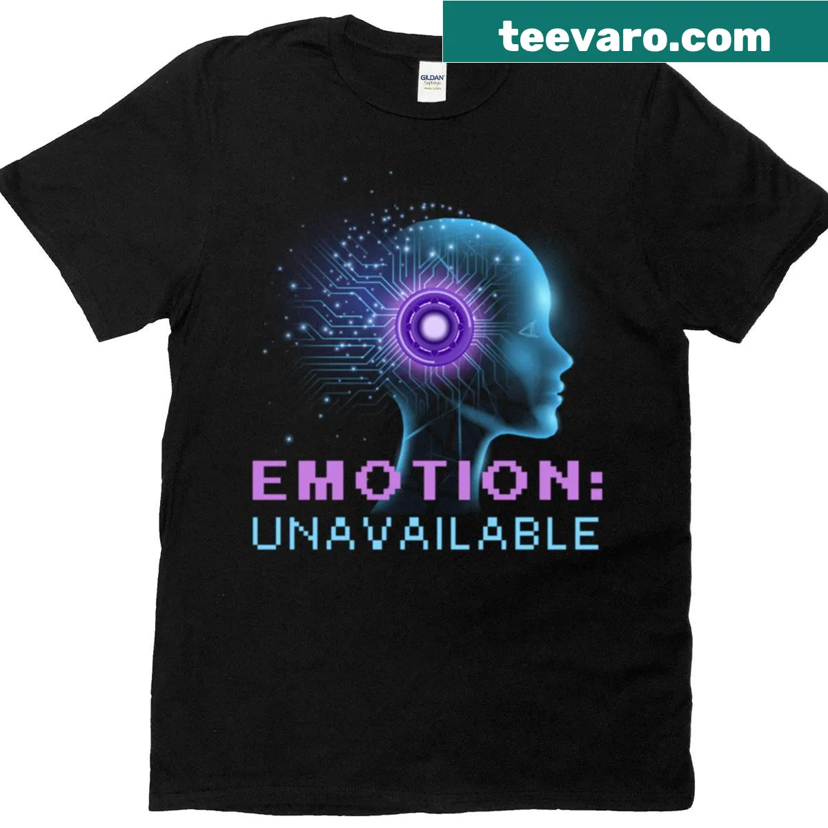 Illustrative glitch head design representing emotional disconnect in AI. — on a men's t-shirt