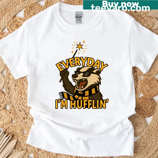 Whimsical badger wizard graphic with oversized hat and magical staff