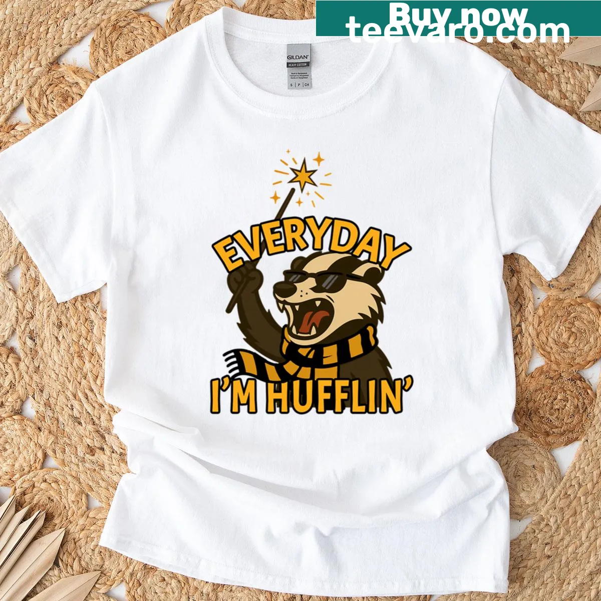 Whimsical badger wizard graphic with oversized hat and magical staff — on a men's t-shirt