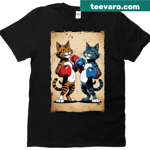 Cartoon boxing cats graphic design on Feline Fight Club T-shirt