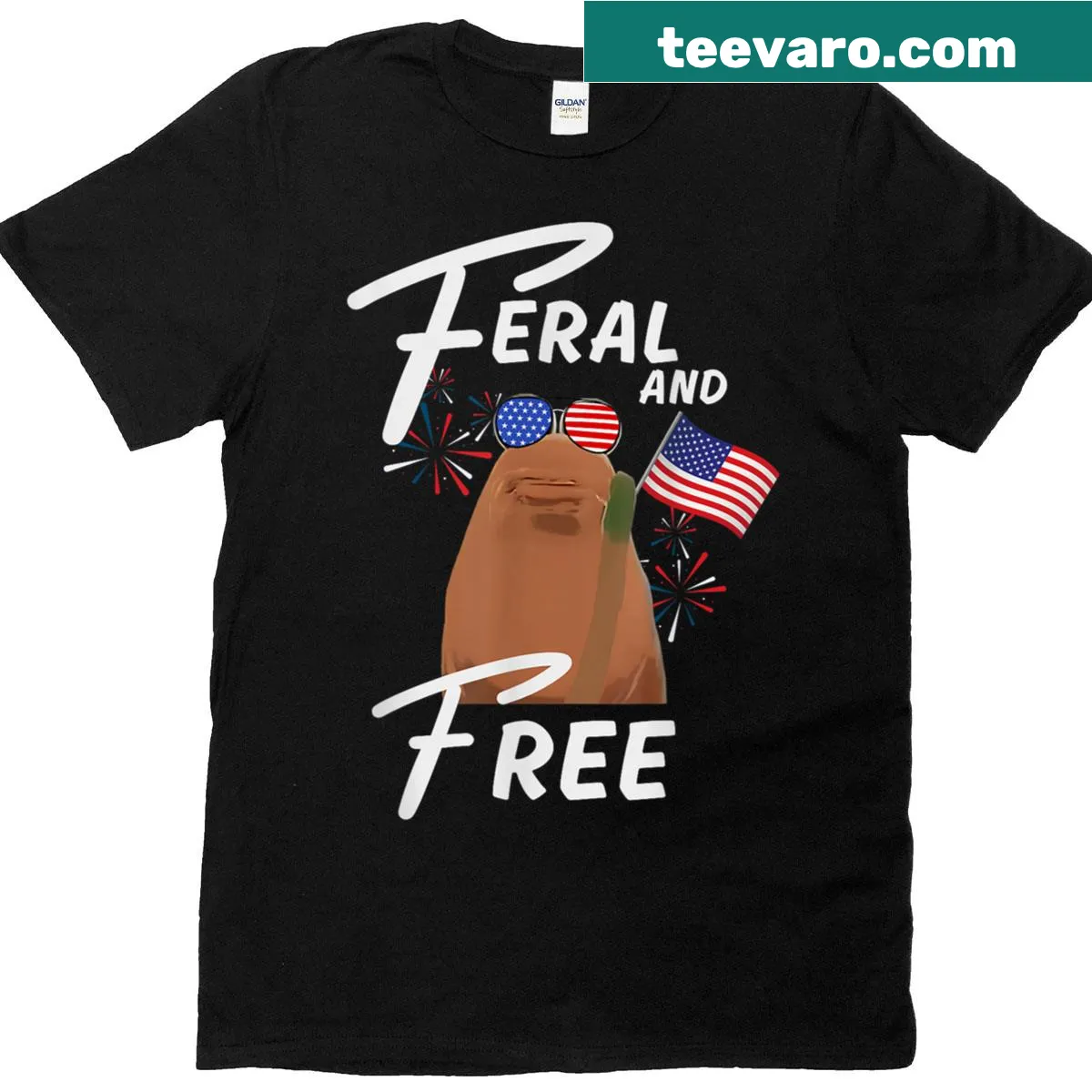 4th of July T-shirt featuring Marcus the Worm with USA flag — on a men's t-shirt