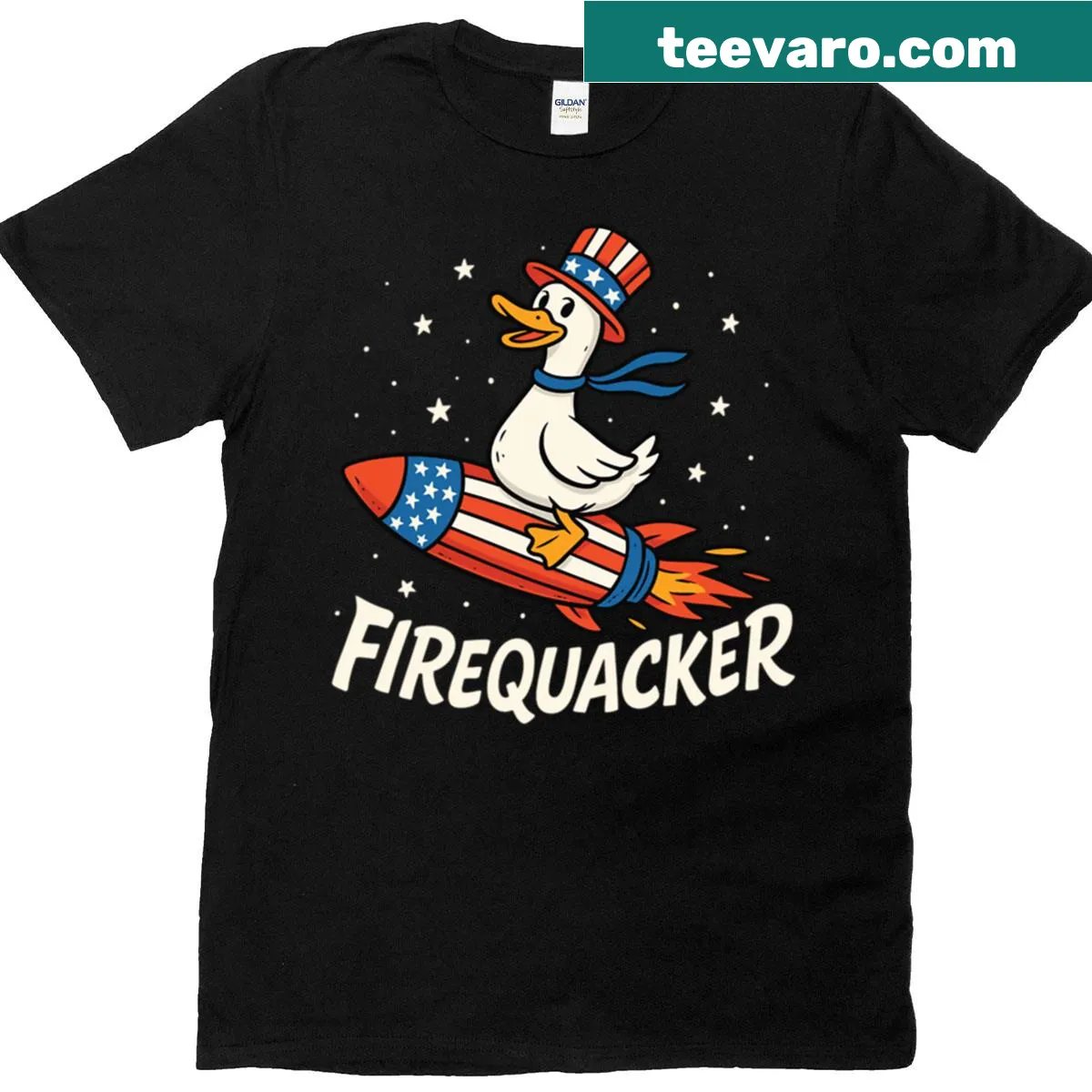 Cartoon of a duck on a firecracker for 4th of July — on a men's t-shirt