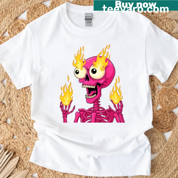 Pink skeleton t-shirt with fiery eyes and hands illustration