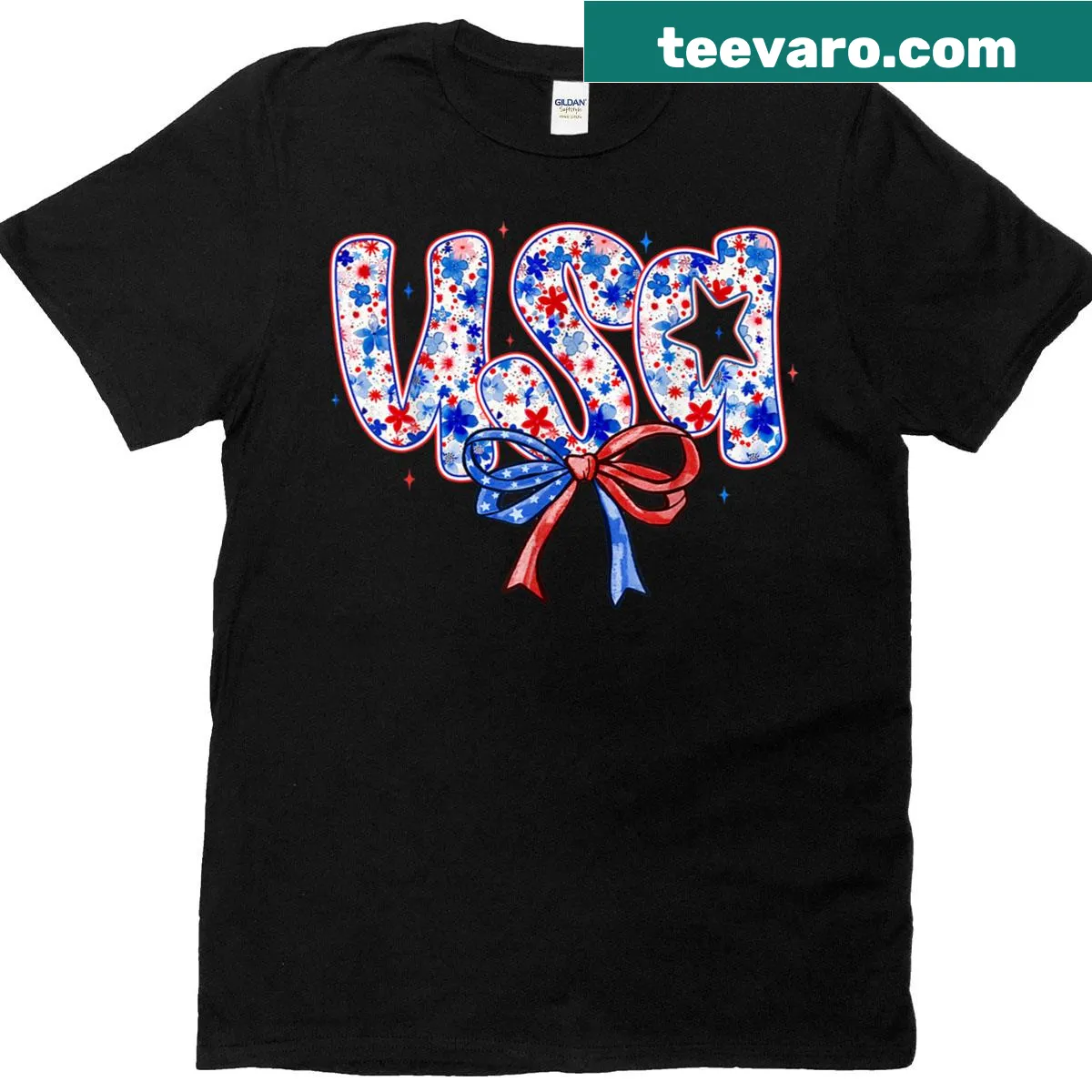 Floral American flag design for Fourth of July — on a men's t-shirt