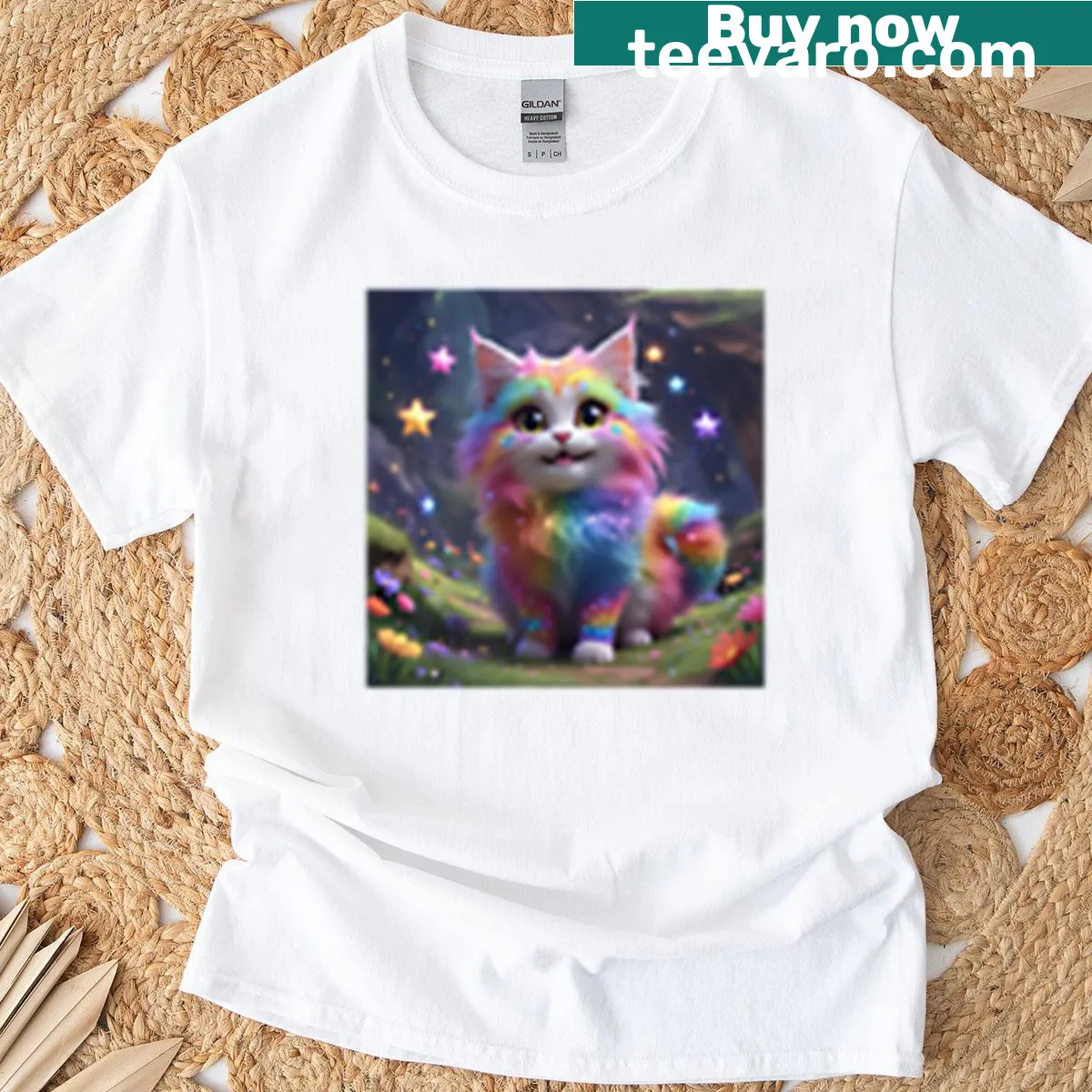 Cute cat t-shirt with fluffy cat and stars illustration — on a men's t-shirt
