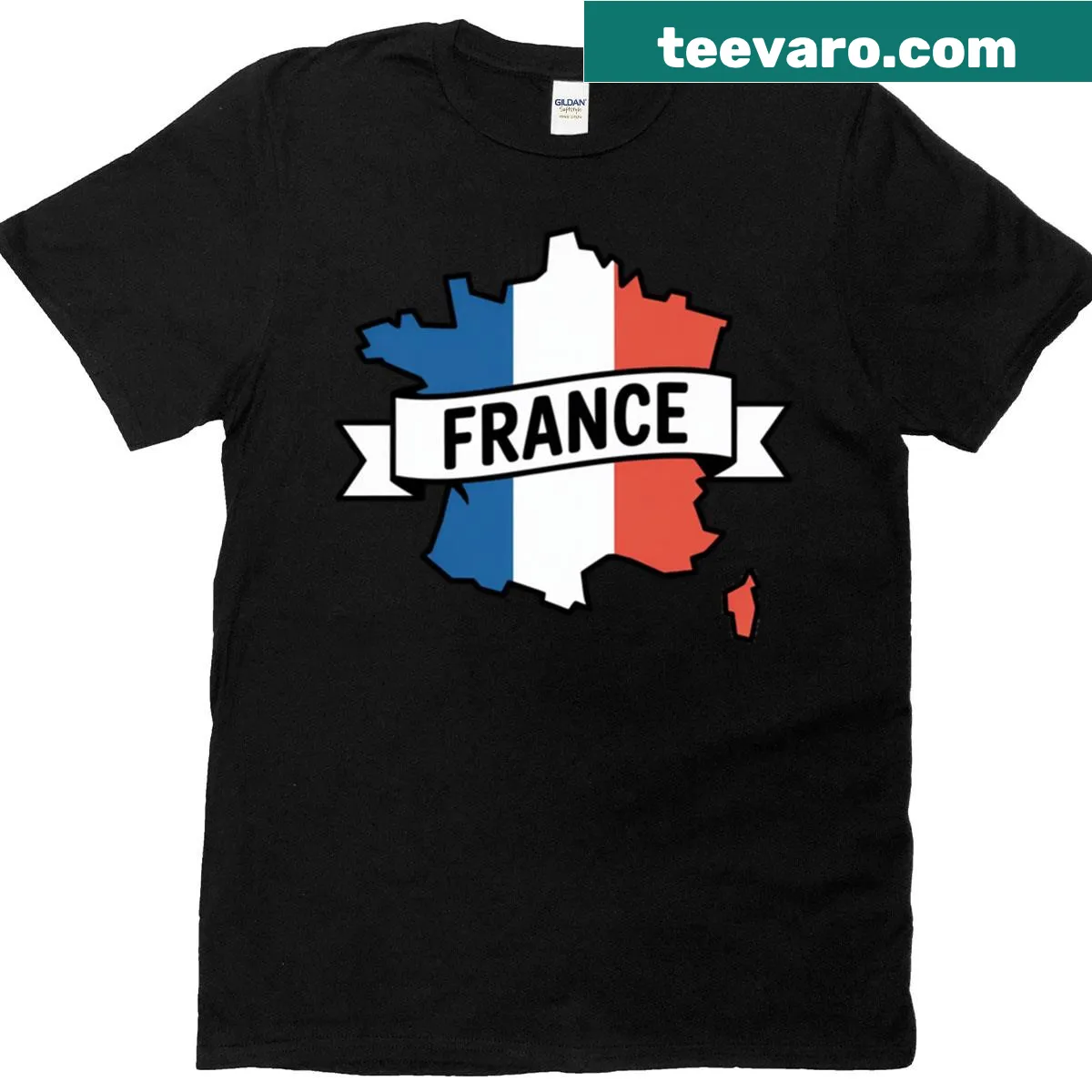 Map outline of France with flag design T-shirt — on a men's t-shirt
