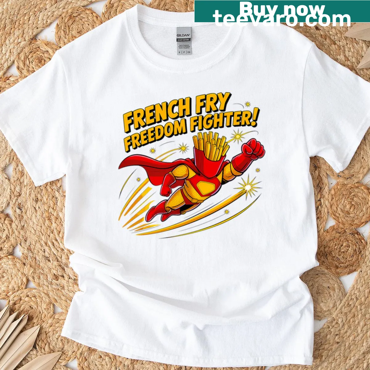 Funny oversized t-shirt featuring superhero French fries. — on a men's t-shirt