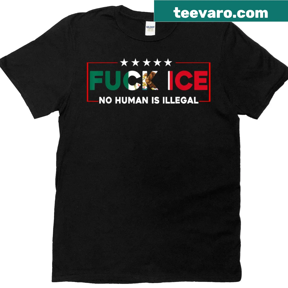 Bold typography T-shirt with the message 'No Human Is Illegal' — on a men's t-shirt