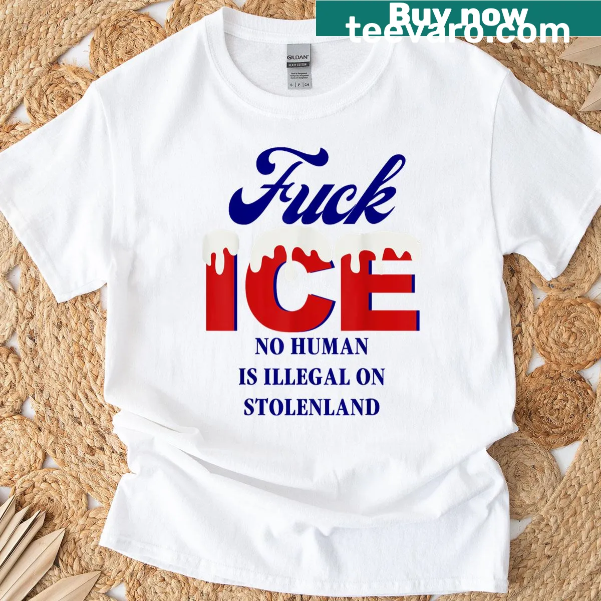 Edgy T-shirt featuring the phrase No Human Is Illegal On Stolenland — on a men's t-shirt