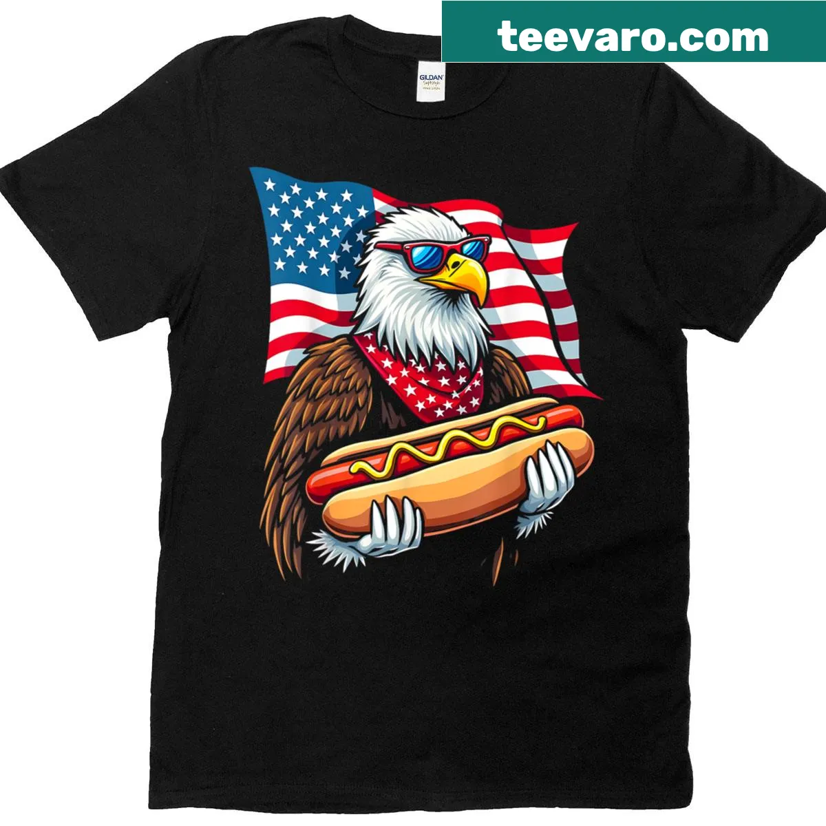 Patriotic T-shirt featuring a bald eagle with a hotdog and American flag — on a men's t-shirt