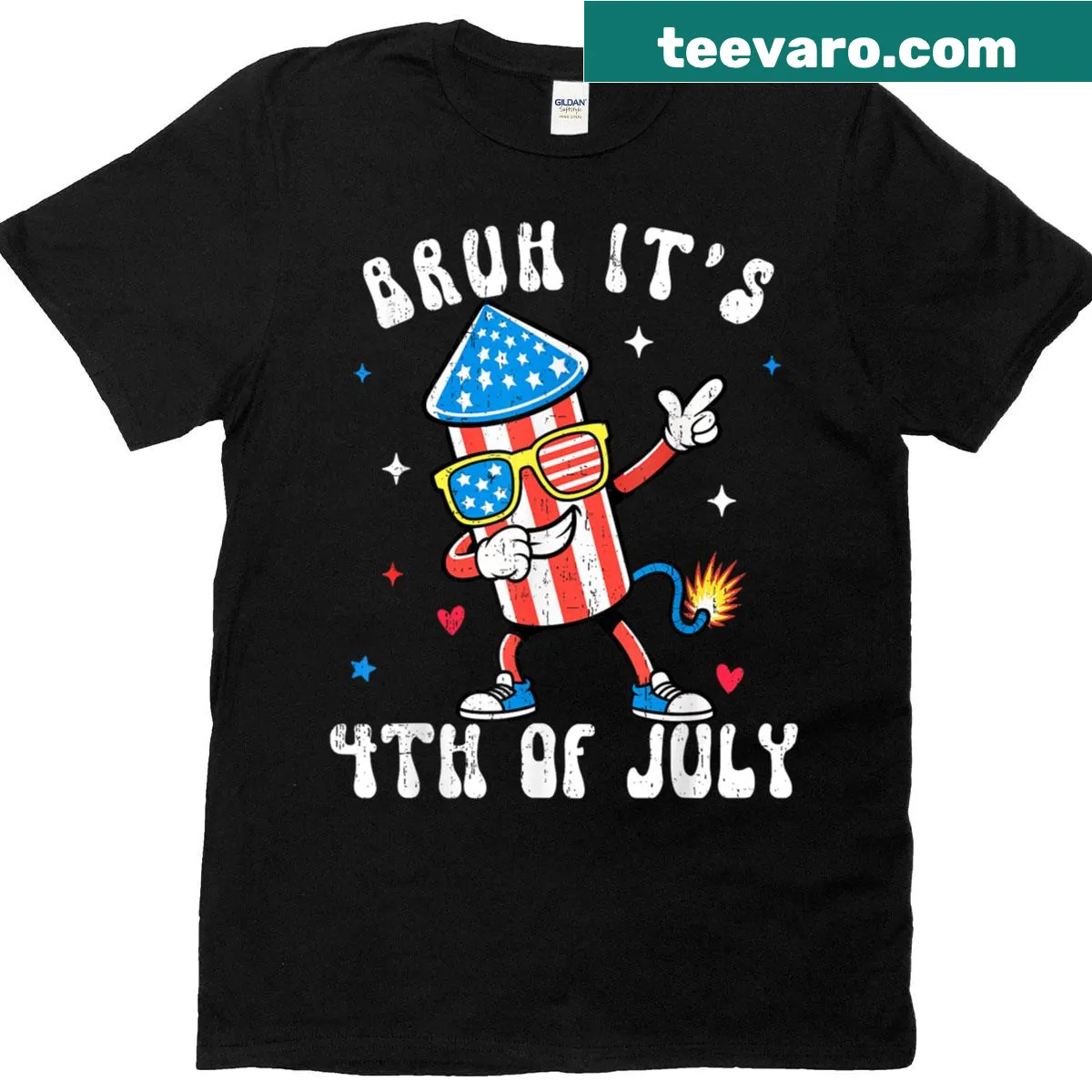 Humorous T-shirt with a dabbing character and firecrackers for July 4th — on a men's t-shirt