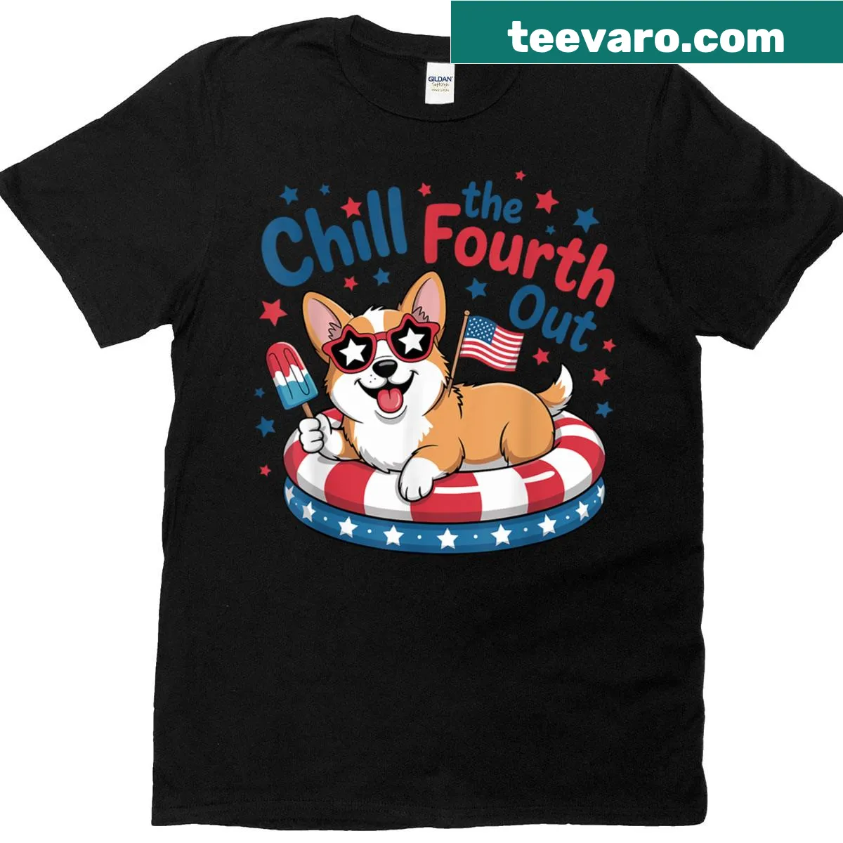 Cute T-shirt featuring a corgi in patriotic gear for July 4th — on a men's t-shirt