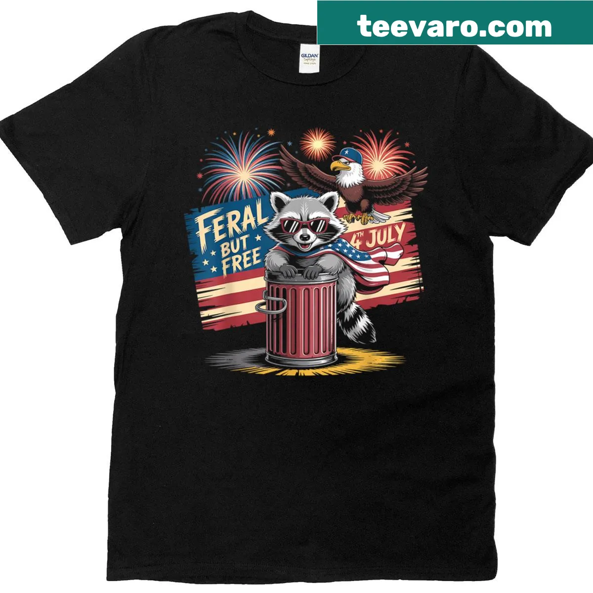 Patriotic raccoon T-shirt with 'Feral But Free' for Fourth of July — on a men's t-shirt