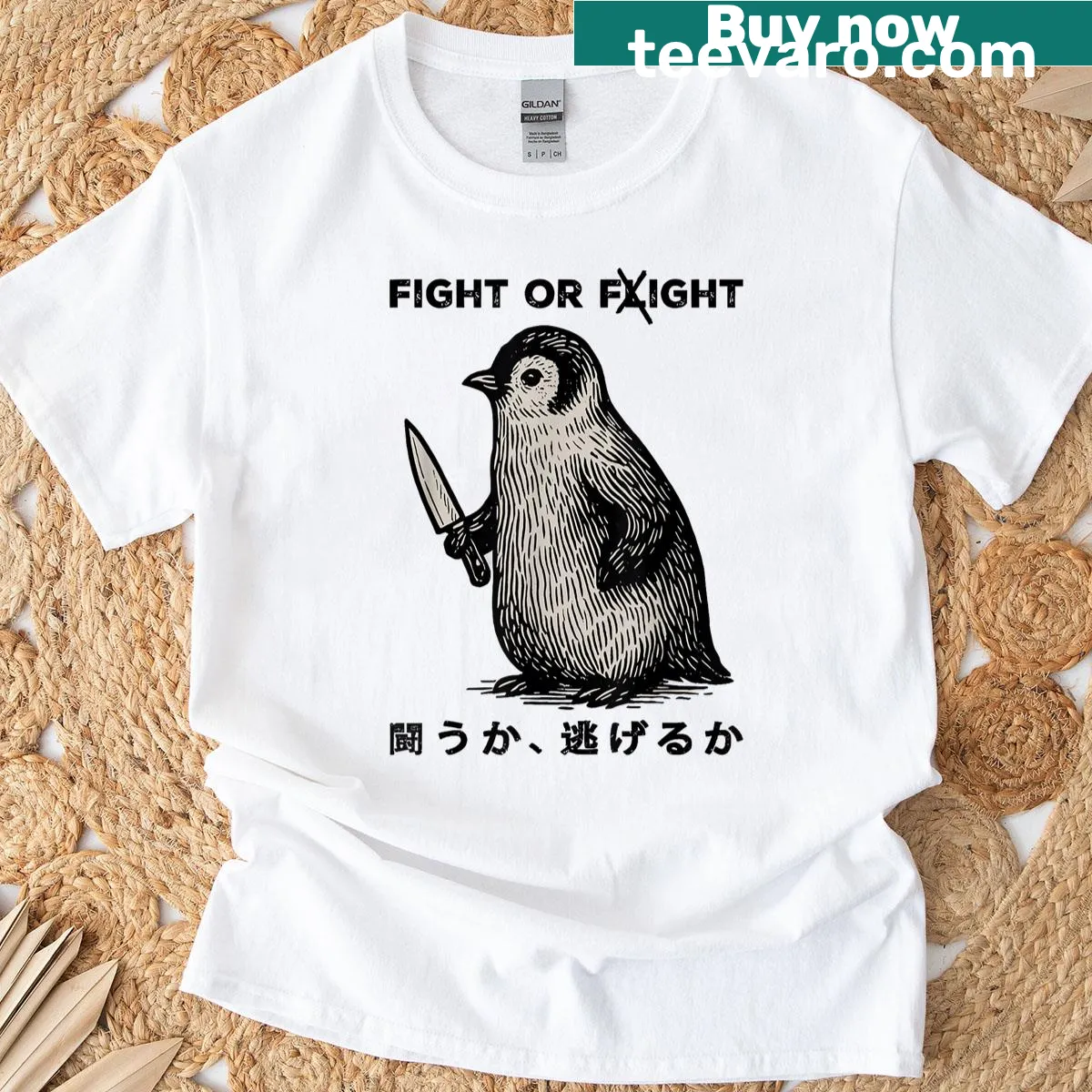 Cartoon penguin with knife on a funny T-shirt — on a men's t-shirt