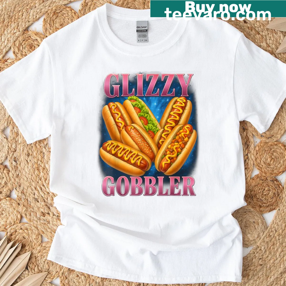 Funny hot dog glizzy t-shirt with meme-inspired graphic — on a men's t-shirt