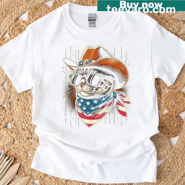 Cowboy cat illustration with USA flag for July 4th