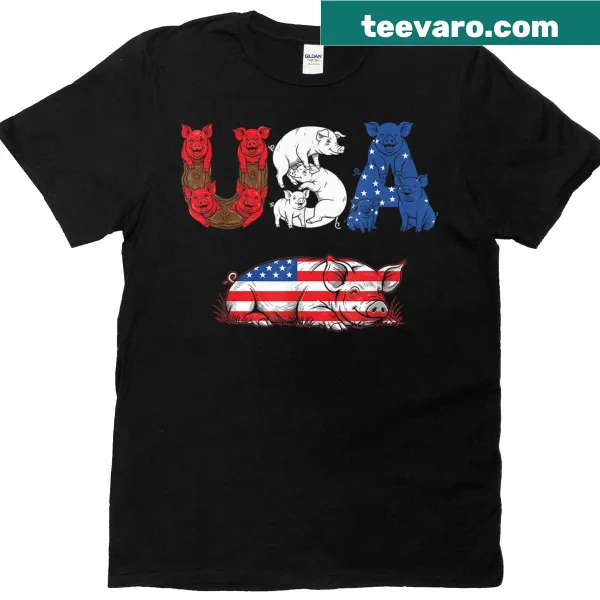 Cartoon pig with the American flag for 4th of July T-shirt