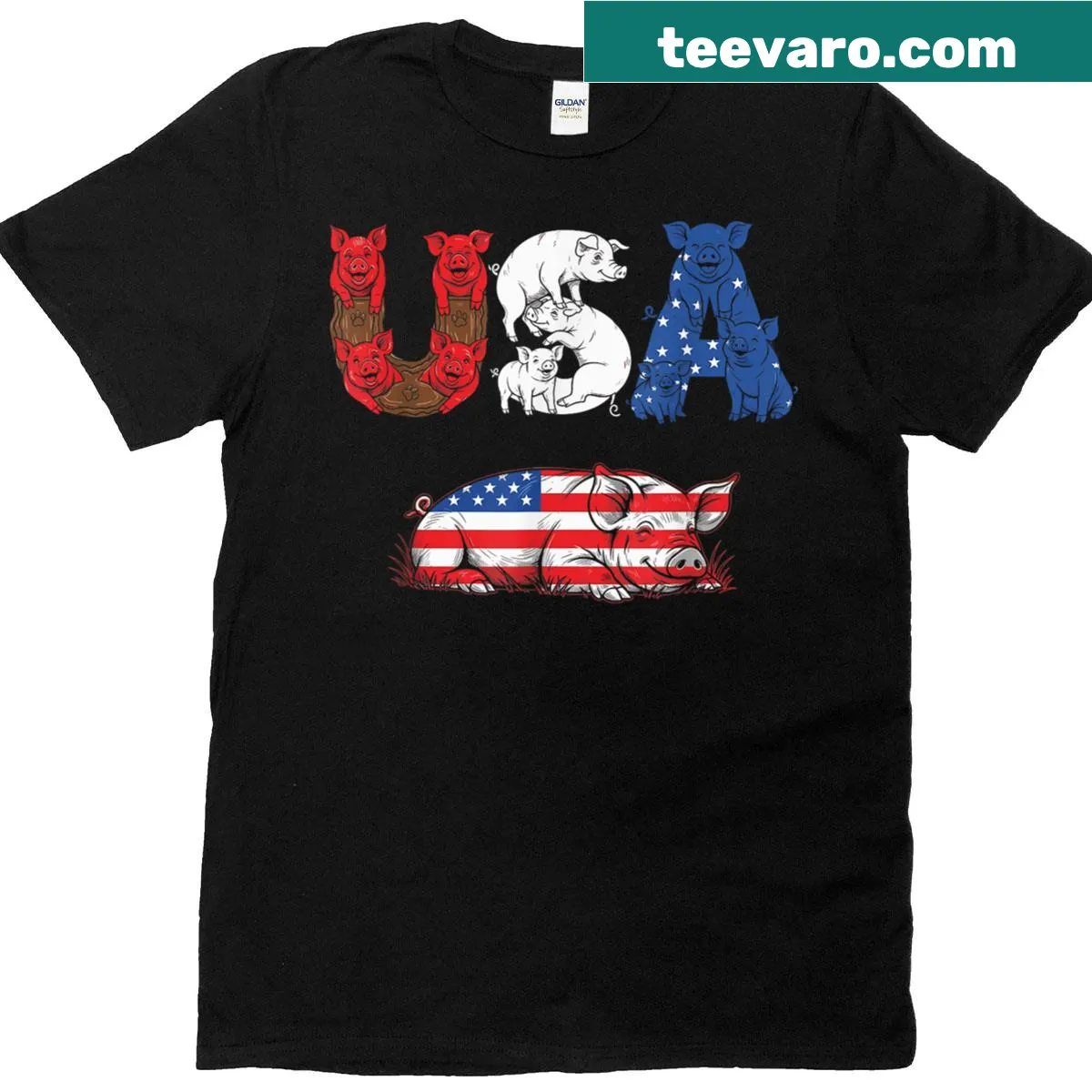 Cartoon pig with the American flag for 4th of July T-shirt — on a men's t-shirt