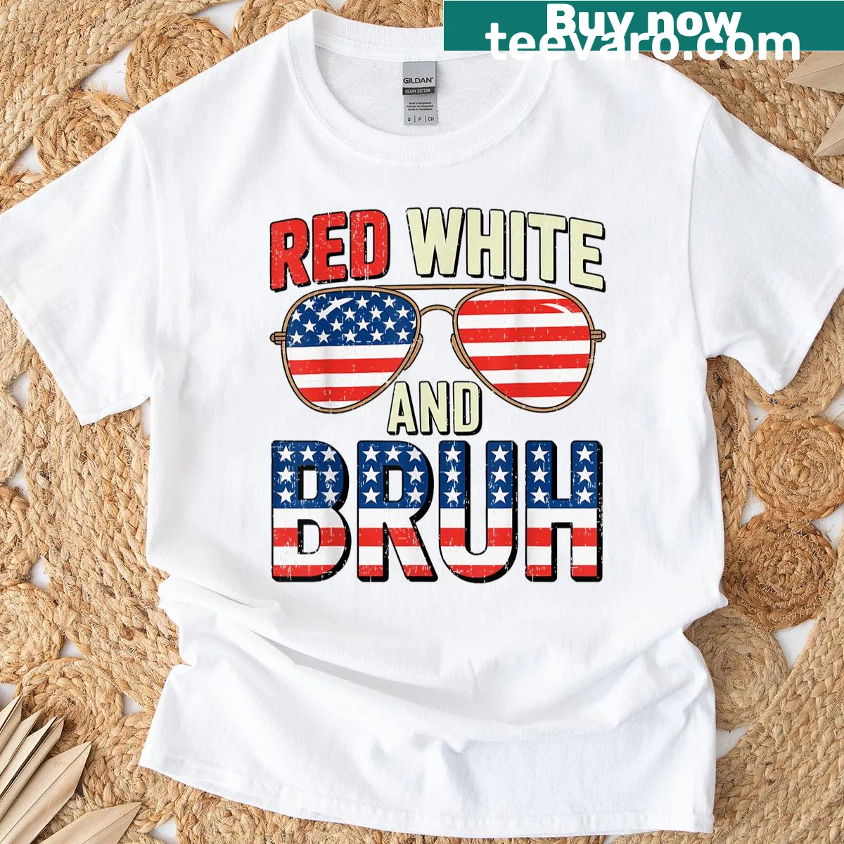 T-shirt with the phrase 'Red, White, and Bruh' in a funny patriotic design — on a men's t-shirt