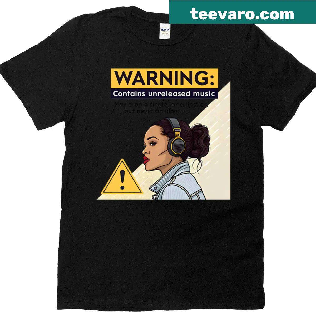 Pop art-inspired T-shirt with a humorous music warning — on a men's t-shirt