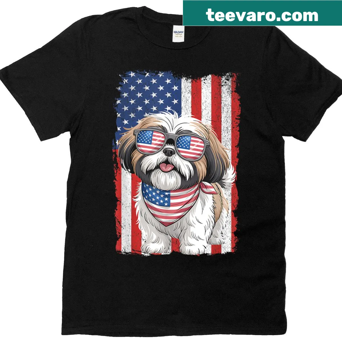 Patriotic Shih Tzu with the American flag on a T-shirt — on a men's t-shirt