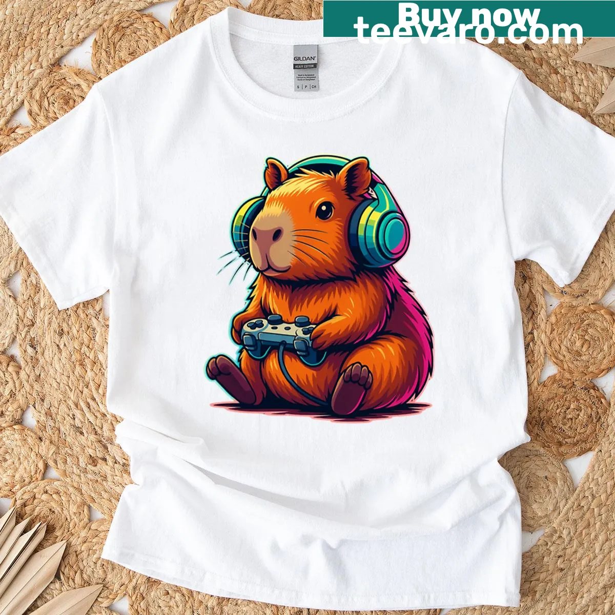Illustration of a capybara with headphones and game controller — on a men's t-shirt