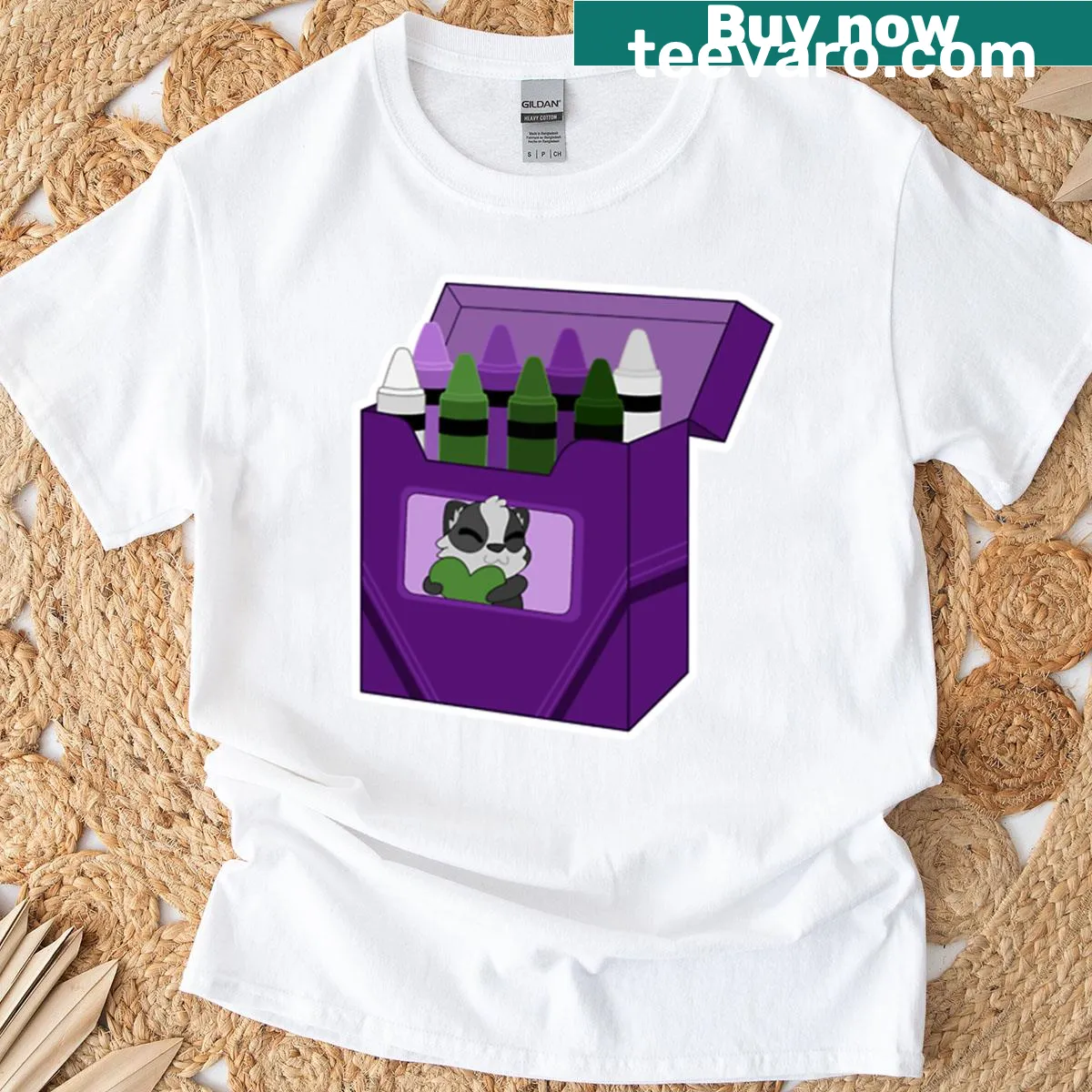 Illustration of a crayon box symbolizing gender diversity — on a men's t-shirt