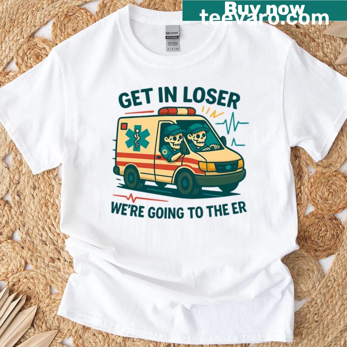 Funny EMT skeleton design with the phrase 'Get In Loser, We're Going to the ER' on a t-shirt — on a men's t-shirt