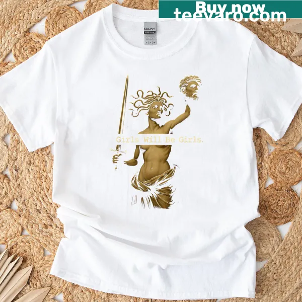 Vintage illustration of Medusa holding her head in a feminist design on a t-shirt