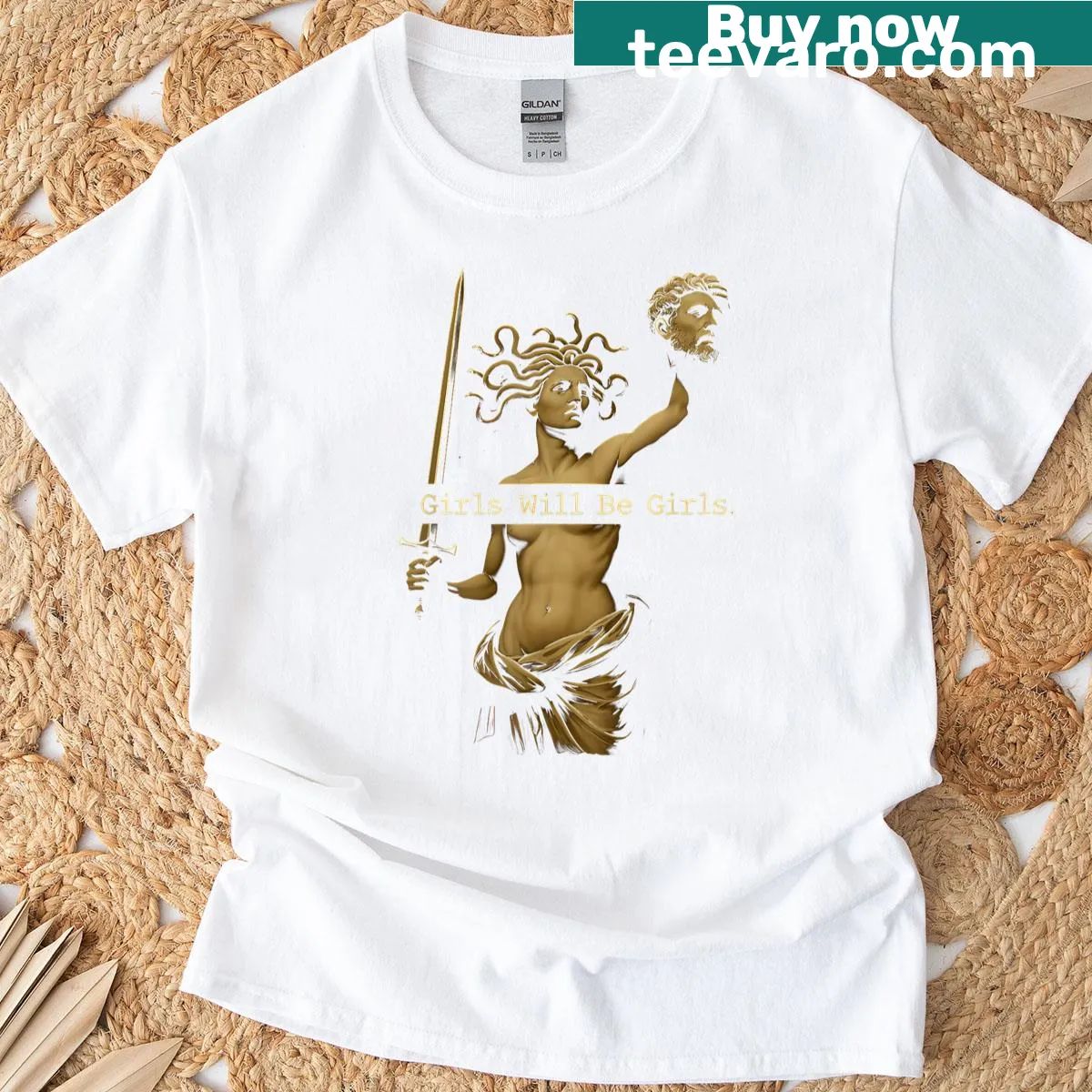 Vintage illustration of Medusa holding her head in a feminist design on a t-shirt — on a men's t-shirt