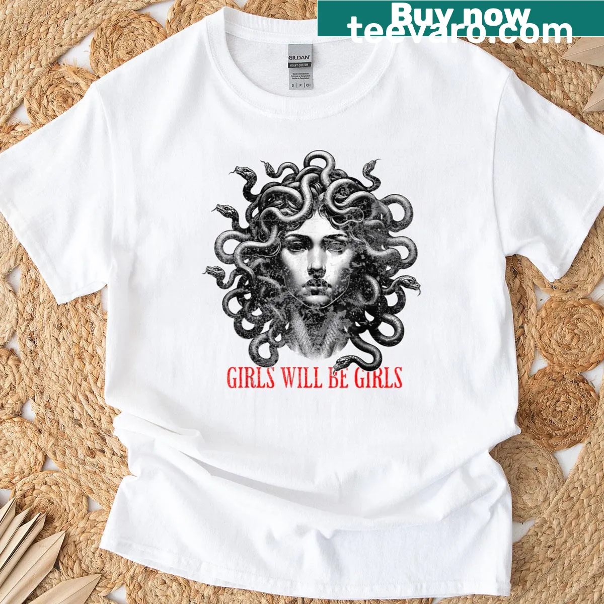 Empowering Medusa design representing feminism on a t-shirt — on a men's t-shirt