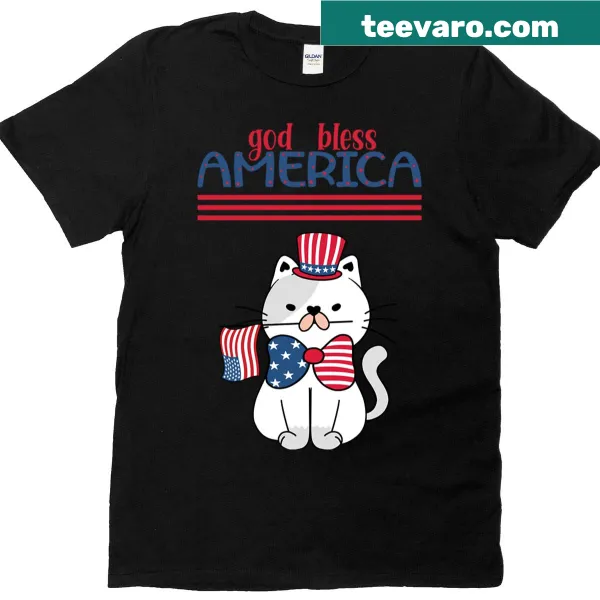 Patriotic T-shirt with a cat graphic and 'God Bless America' text.