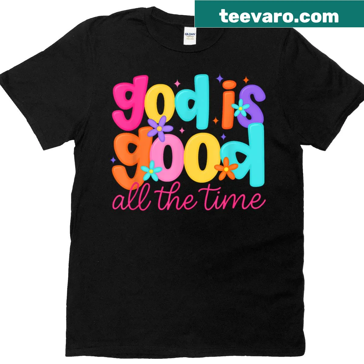 Inspirational Christian T-shirt with floral design stating 'God Is Good All The Time.' — on a men's t-shirt