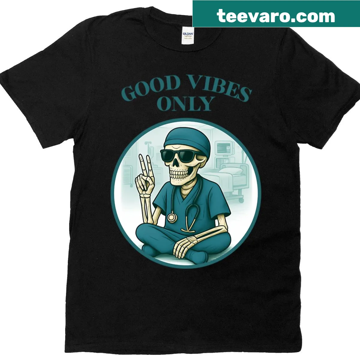 Chill skeleton healthcare worker graphic T-shirt — on a men's t-shirt