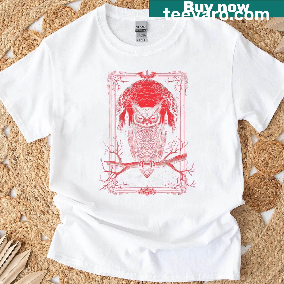 Gothic owl illustrated shirt featuring intricate tattoo art — on a men's t-shirt