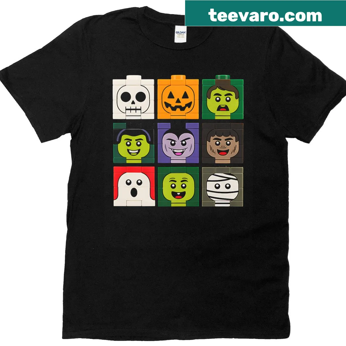 Cartoon monster faces in colorful blocks for a fun Halloween theme. — on a men's t-shirt