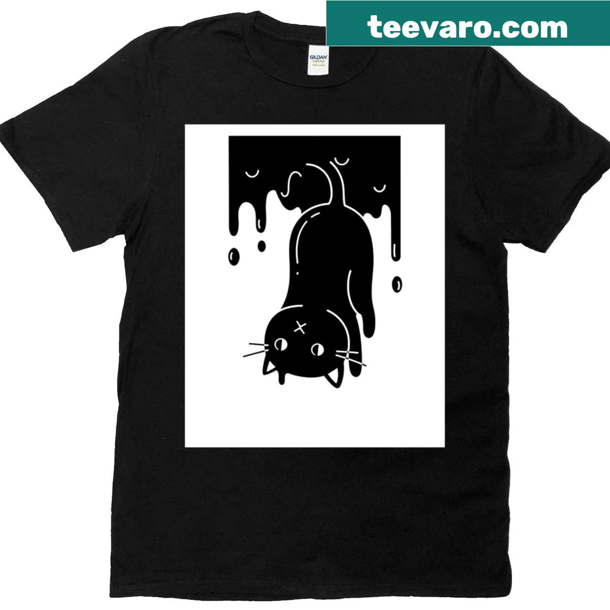 Minimalist design of a hanging black cat on a t-shirt — on a men's t-shirt