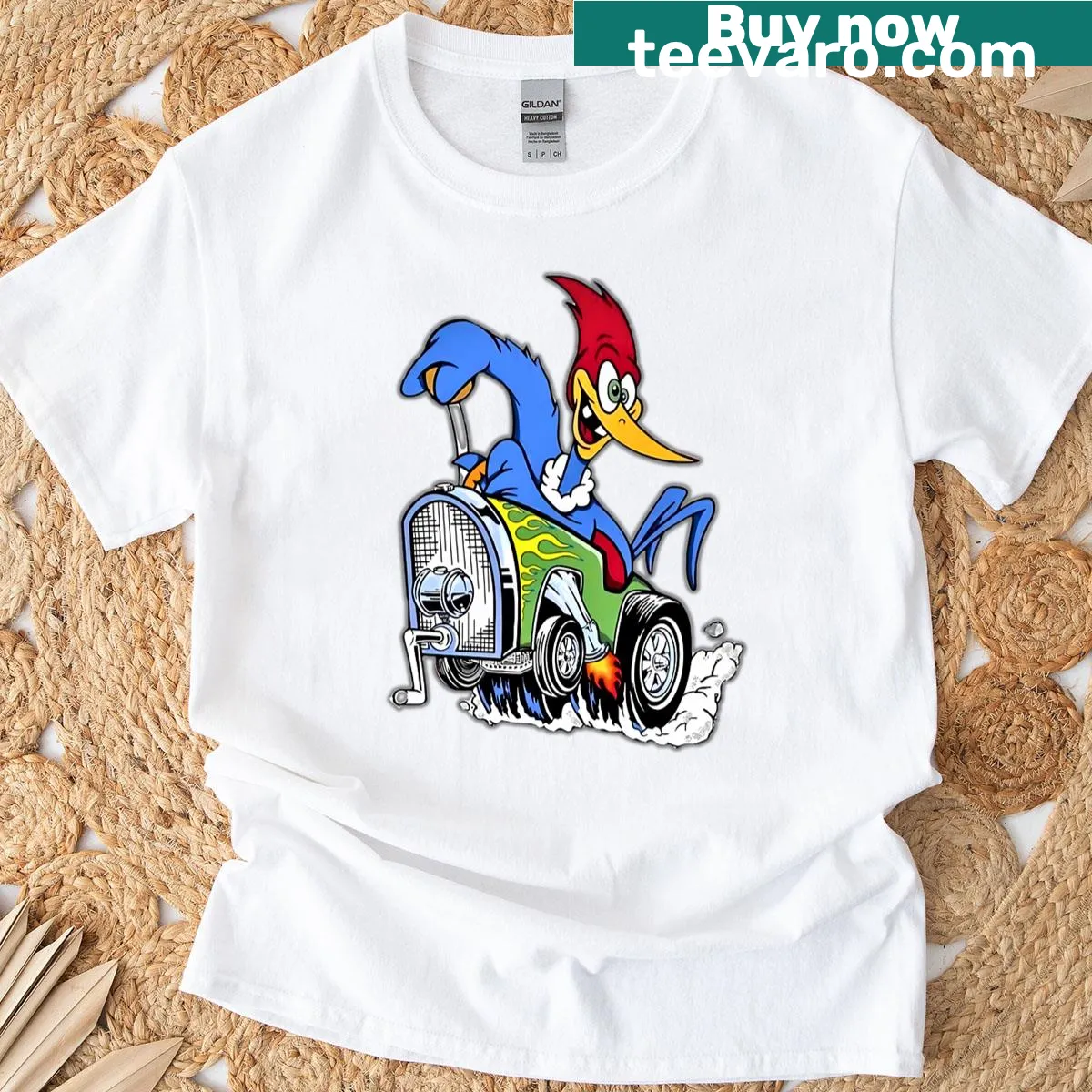 Cartoon hot rod t-shirt featuring a playful car design — on a men's t-shirt