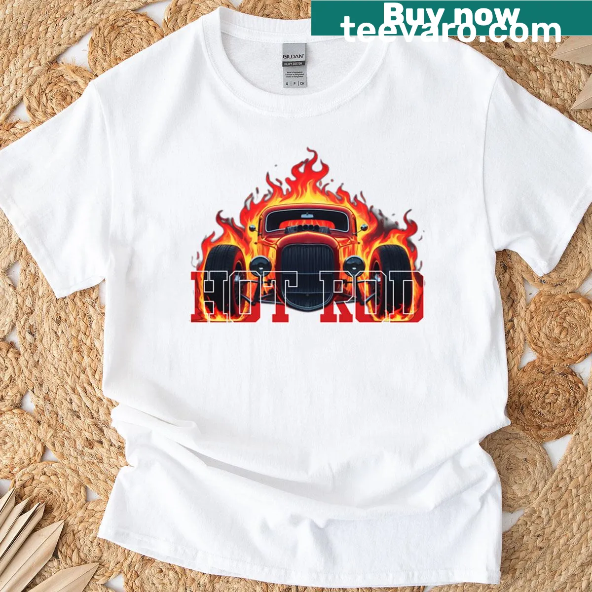 Hot rod T-shirt with a bold flame design — on a men's t-shirt