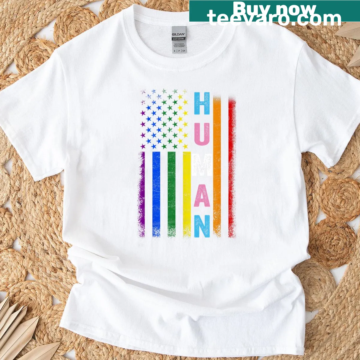 LGBTQ rainbow American flag T-shirt celebrating diversity and inclusion. — on a men's t-shirt