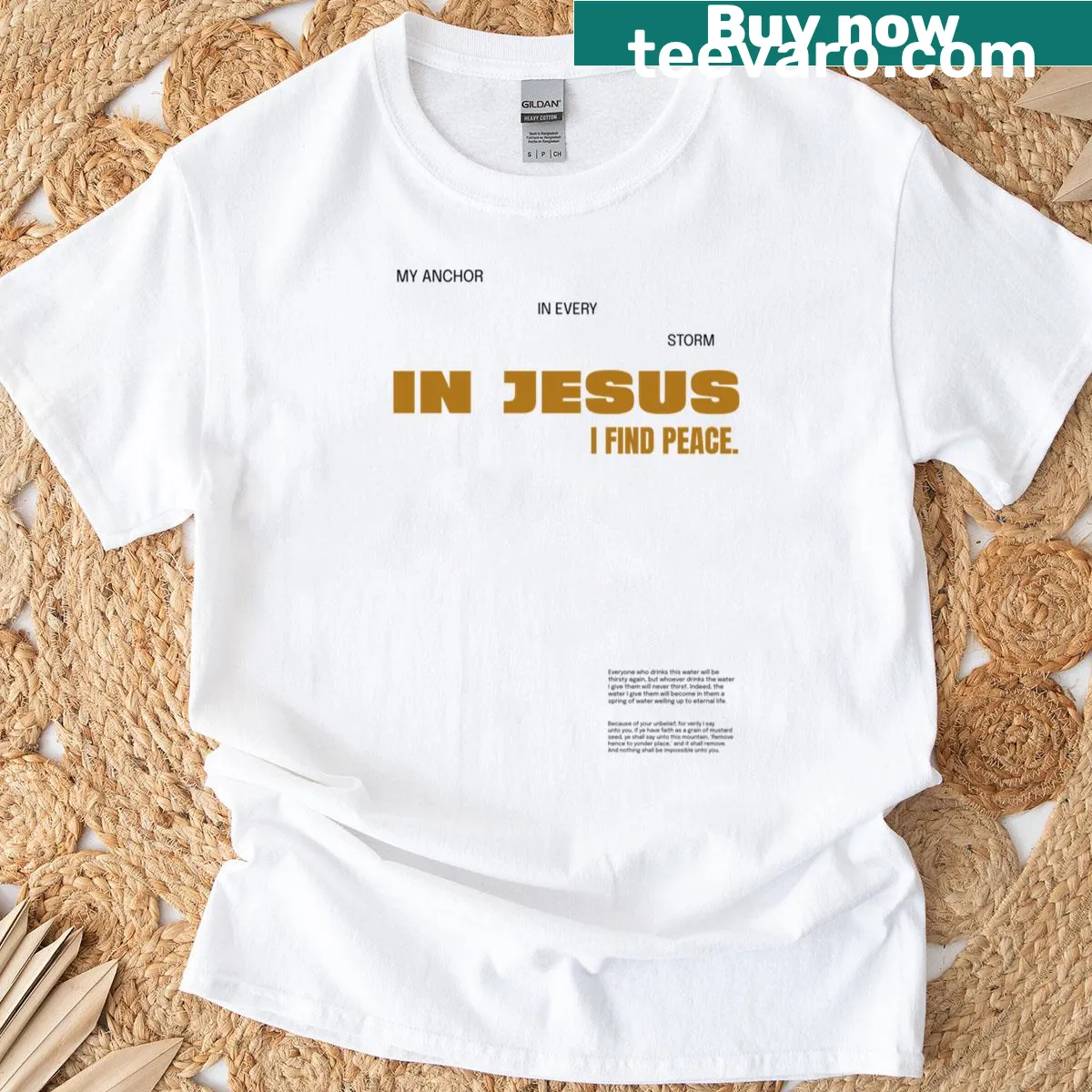 Inspirational T-shirt with 'I Find Peace In Jesus' text — on a men's t-shirt