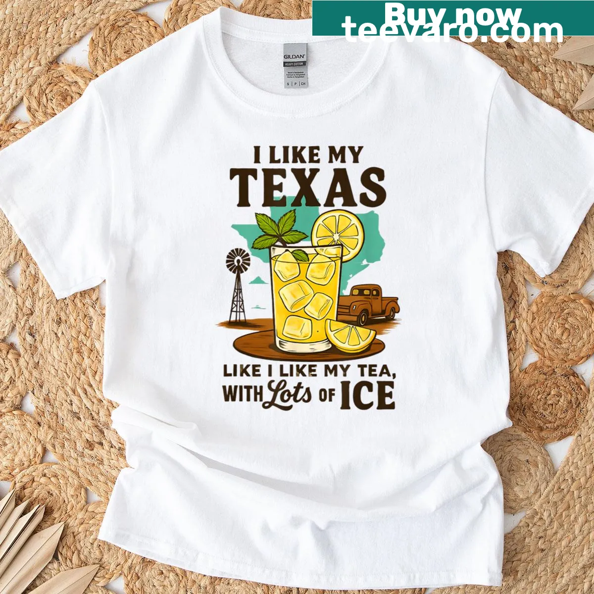 Humorous Texas and iced tea text t-shirt — on a men's t-shirt