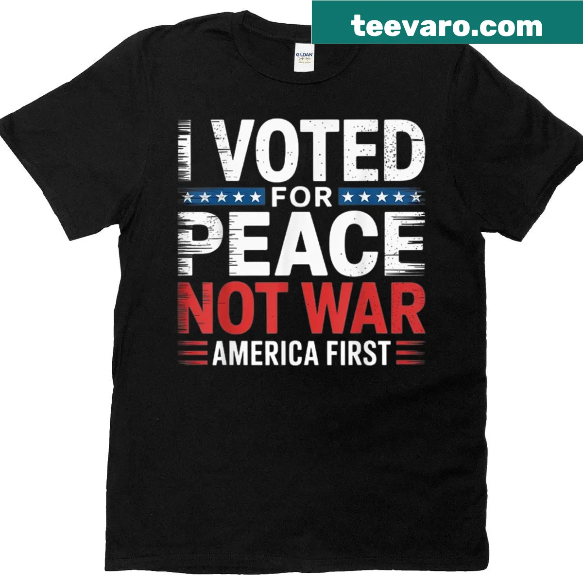 Typographic t-shirt declaring support for peace over war — on a men's t-shirt