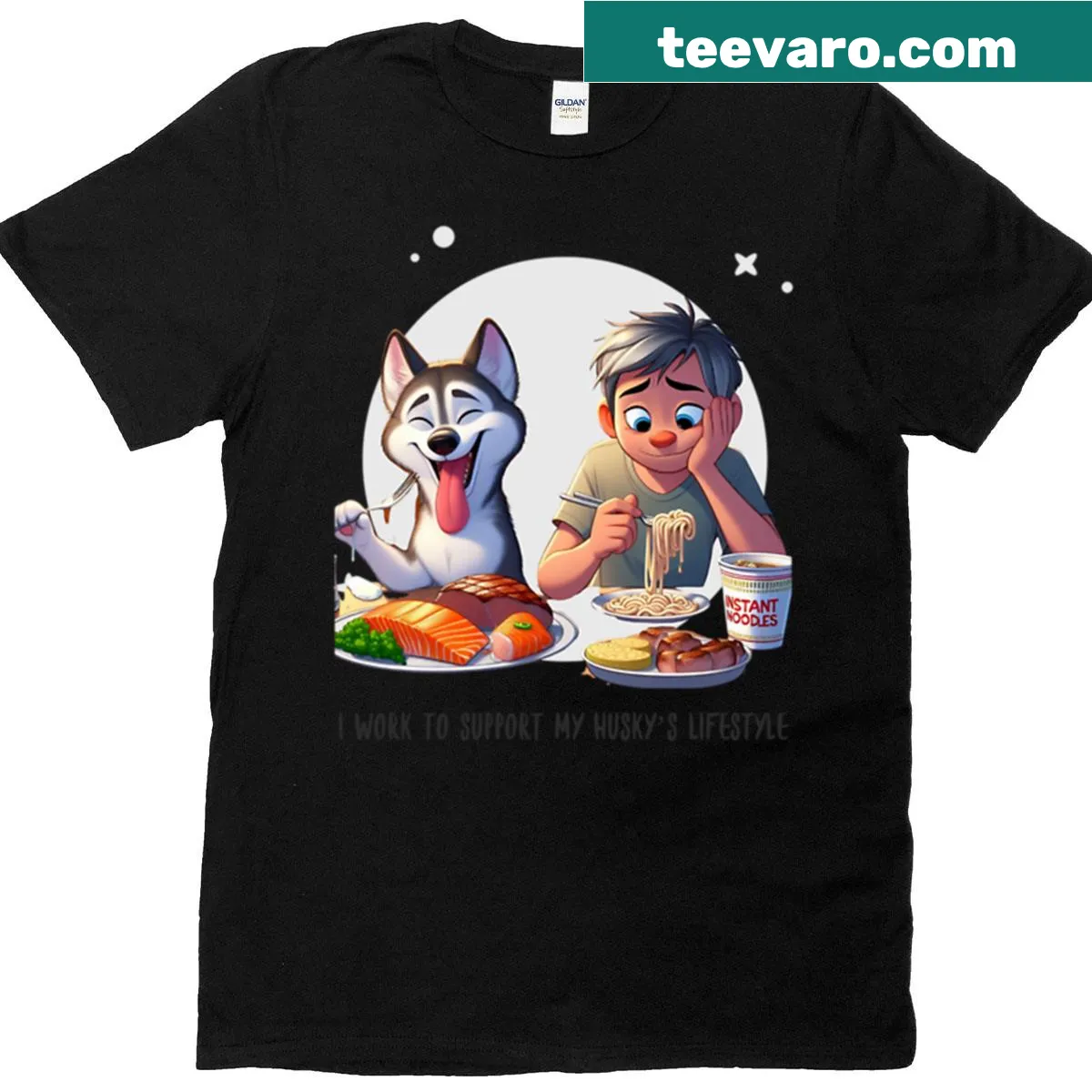 Illustrative t-shirt expressing support for a husky's lifestyle — on a men's t-shirt