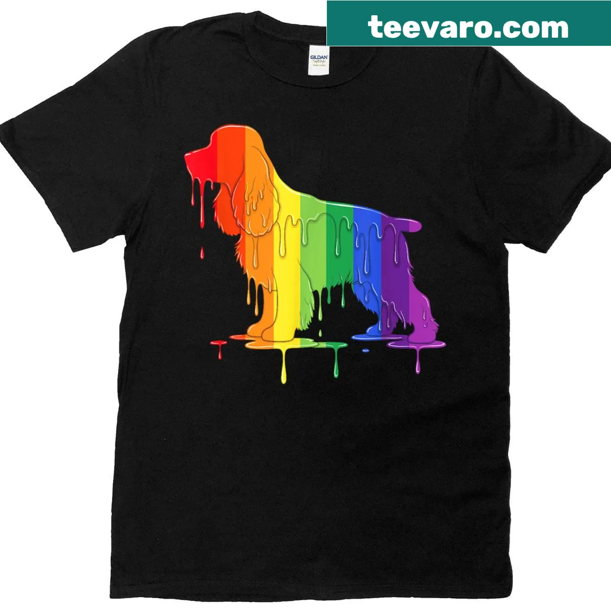 Illustration of a Cocker Spaniel with ice cream drip design for pride — on a men's t-shirt